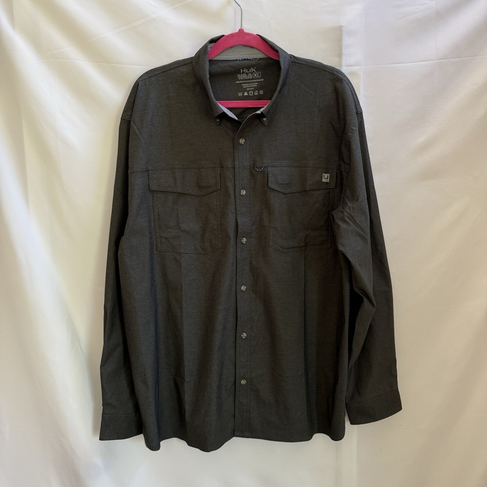 Huk Men's XL Long Sleeve Button Down Shirt Performance Fishing Charcoal Gray